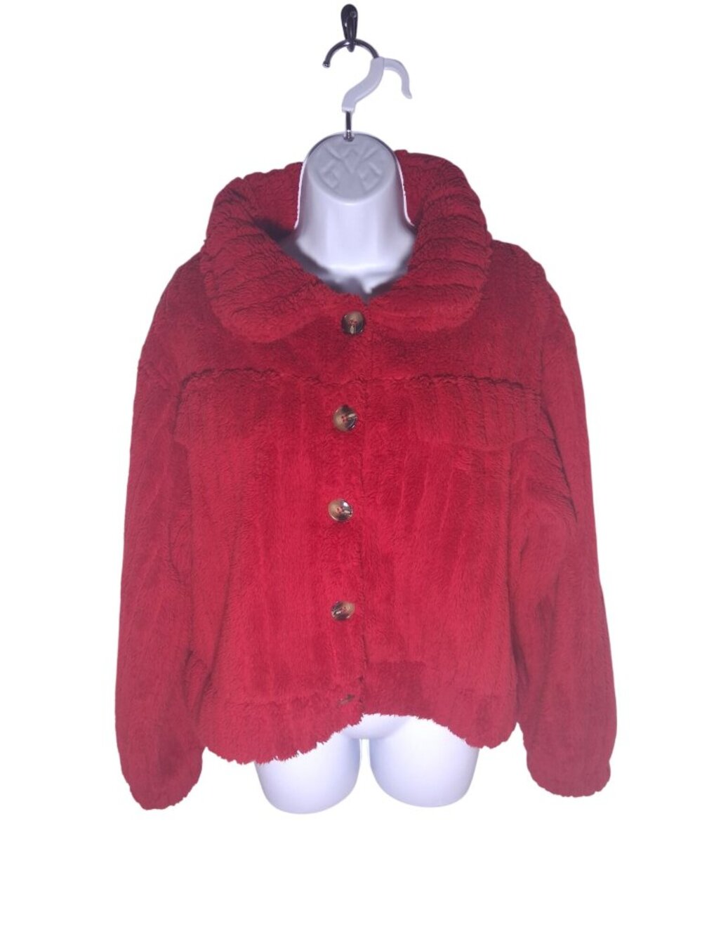 Knapp Studio Red Faux Fur Button-Up Jacket With Oversized Collar & Long Sleeves
